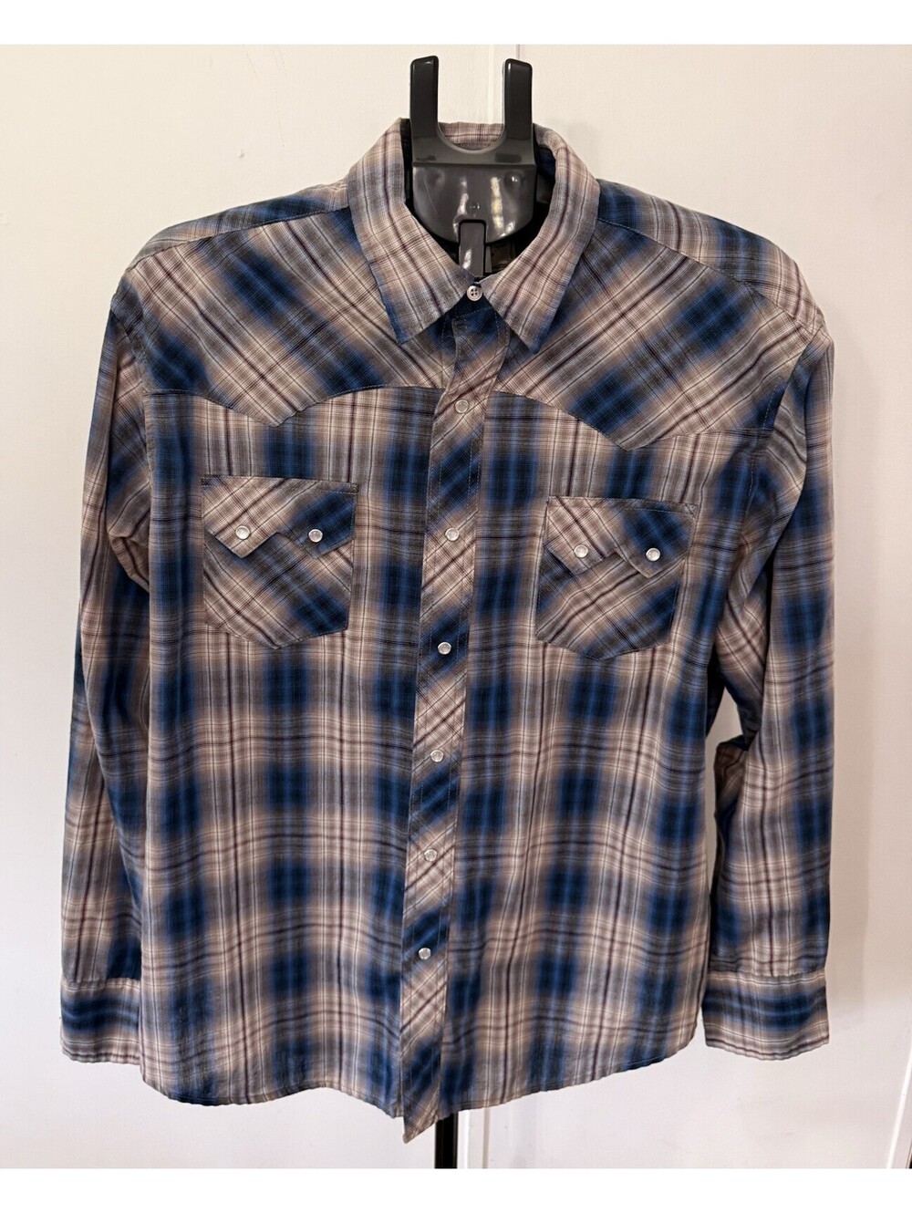 Wrangler Western Mens Size Xlrg Shirt WM951BR Brown Blue Plaid Pearl Snap